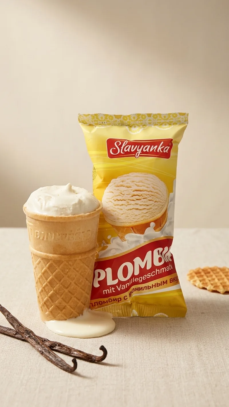 Slavyanka Plombir mit Vanillegeschmack im Waffelbecher, daneben Vanilleschoten